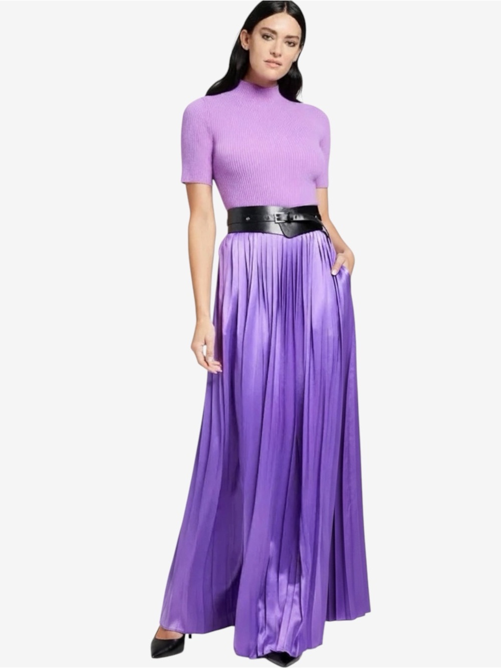 Toccin Women’s Purple Dillon Satin Pleated Maxi Skirt with Pockets Size 6 NEW